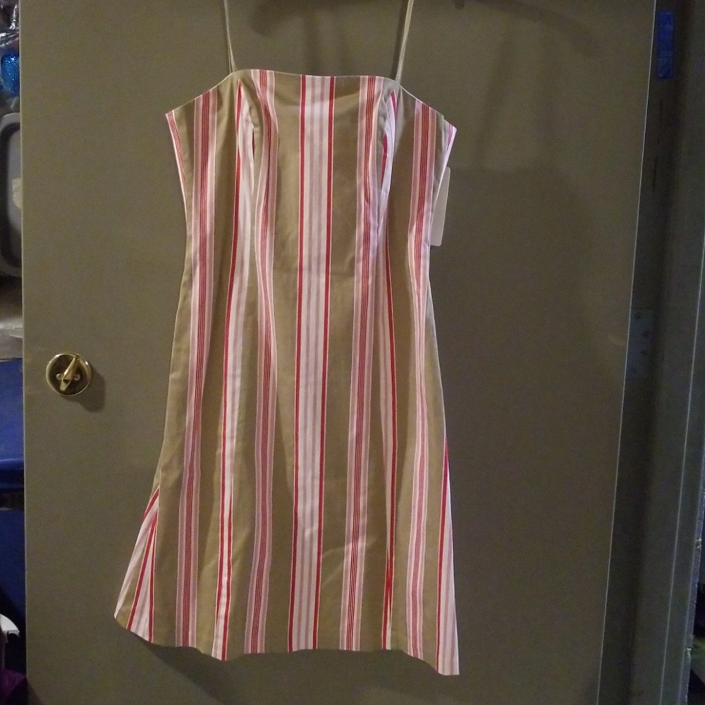 Ladies striped dress, pink, red, white, and beige
